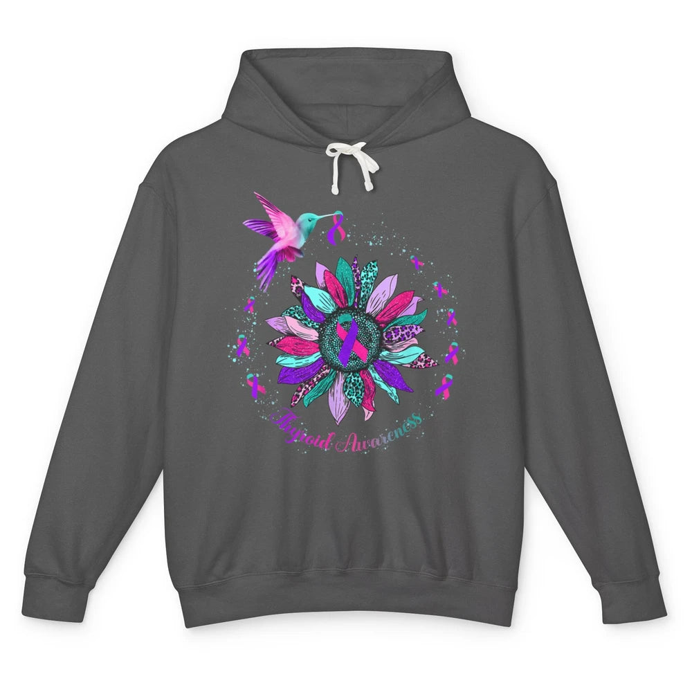 Hummingbird Sunflower Teal Ribbon Warrior Thyroid Cancer Unisex Lightweight Hoodie