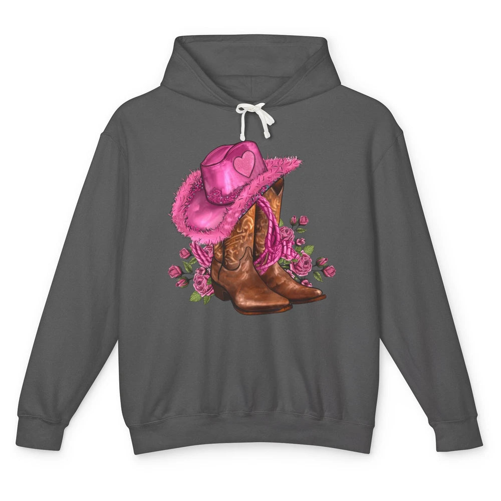 Valentines Day Hat Boots Cowgirl Pink Rose Flowers Retro Unisex Lightweight Hoodie