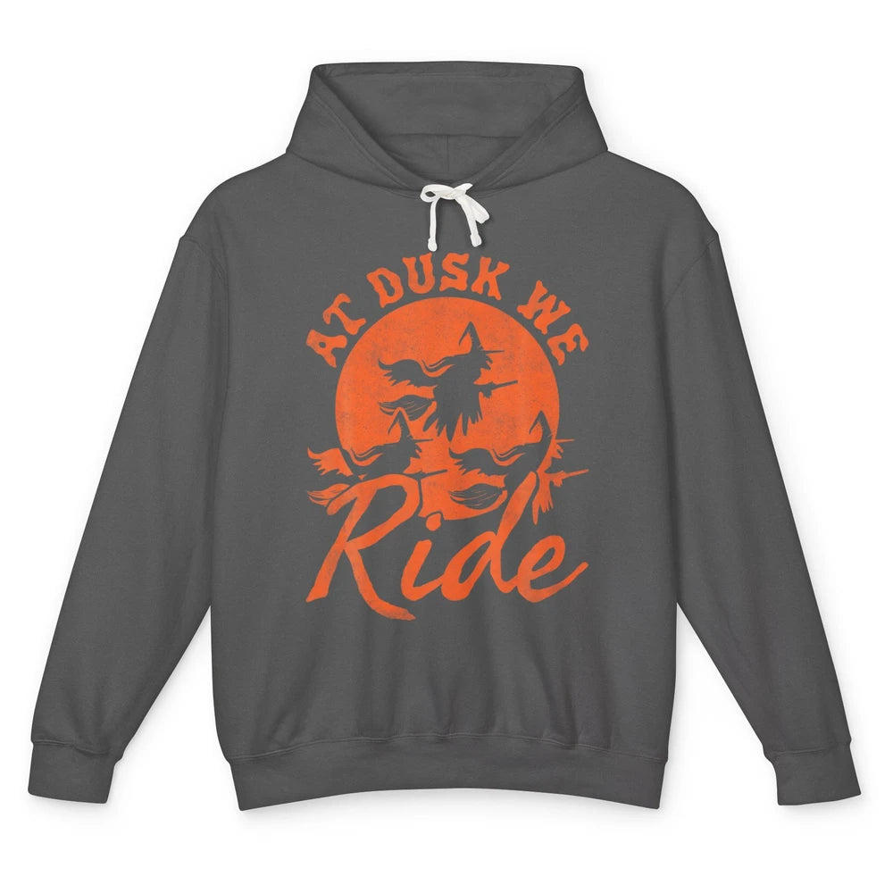 At Dusk We Ride Witch Hat Broom Moon Halloween Spooky Season Unisex Lightweight Hoodie