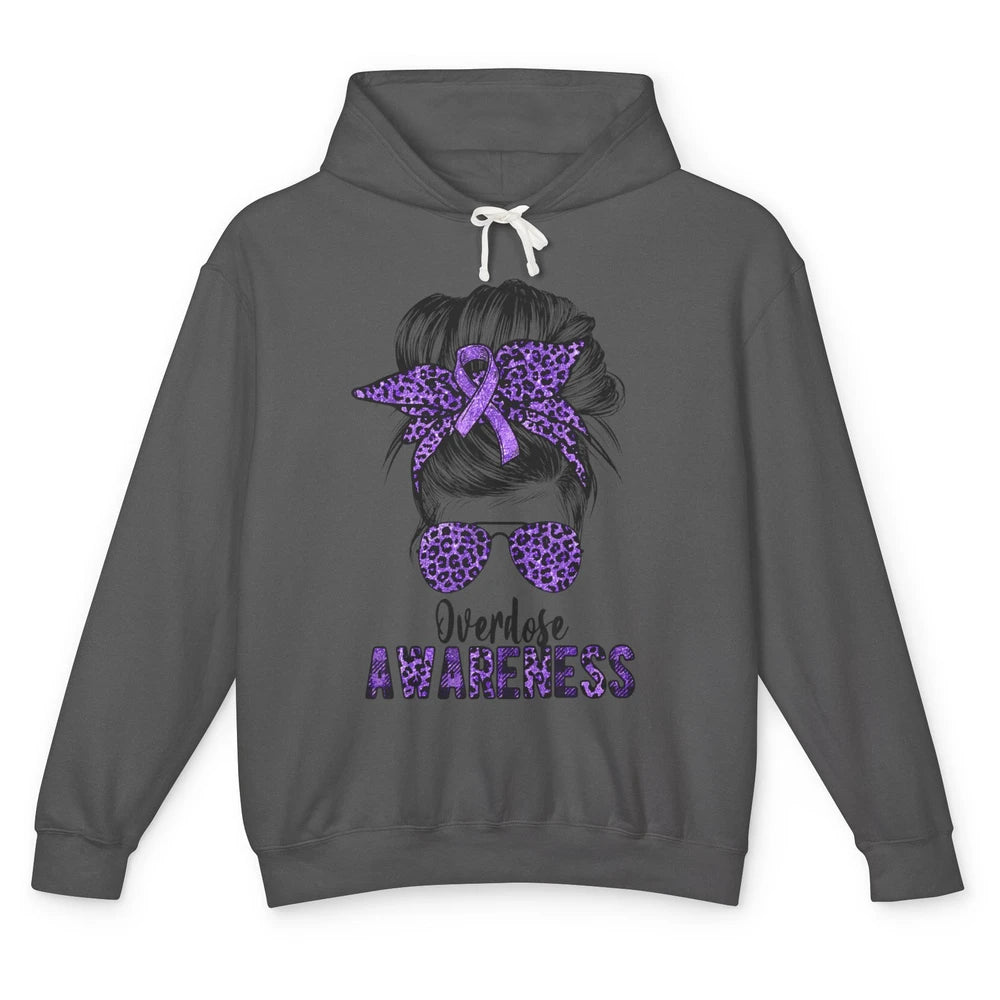 Overdose Awareness Messy Hair Bun Purple Leopard Warrior Unisex Lightweight Hoodie