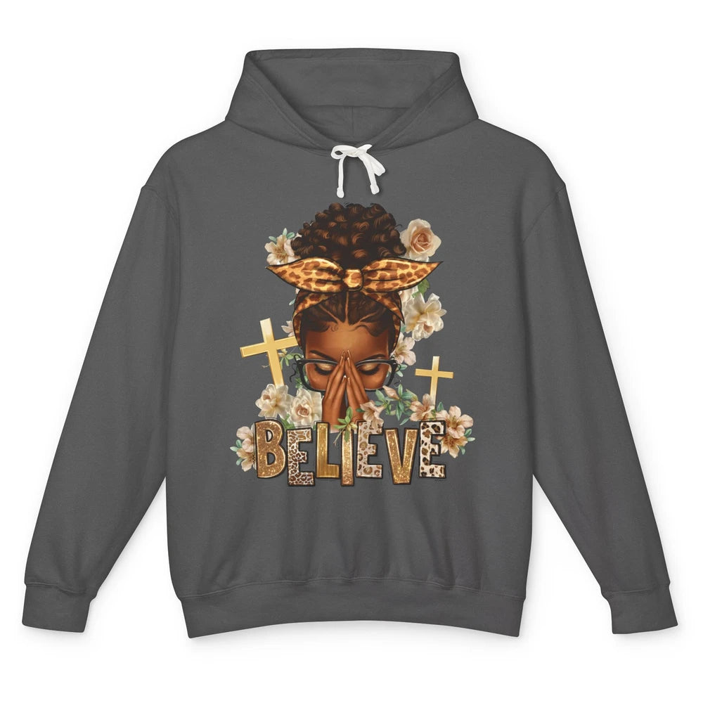 Floral Leopard Afro Messy Bun Believe Christian Religious Unisex Lightweight Hoodie