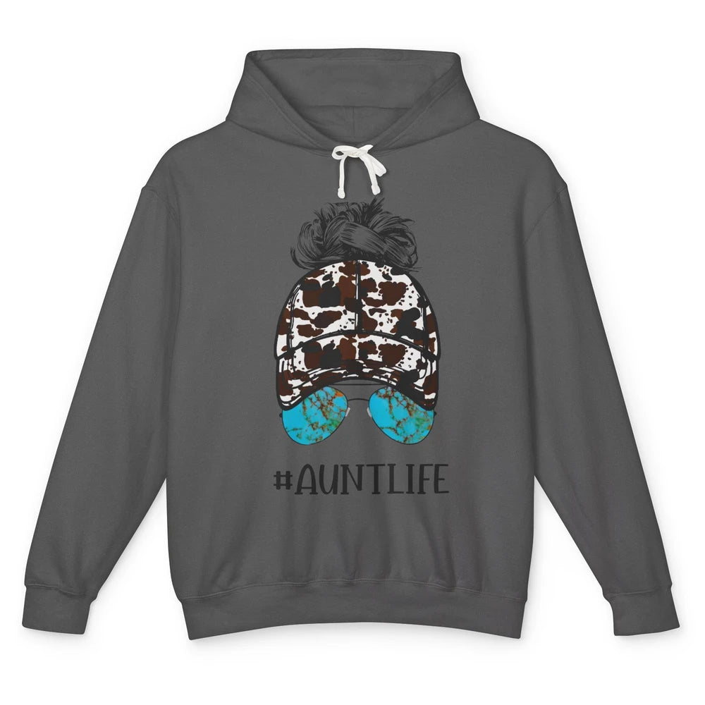 Aunt Life Messy Bun Glasses Cowhide Western Auntie Life Unisex Lightweight Hoodie