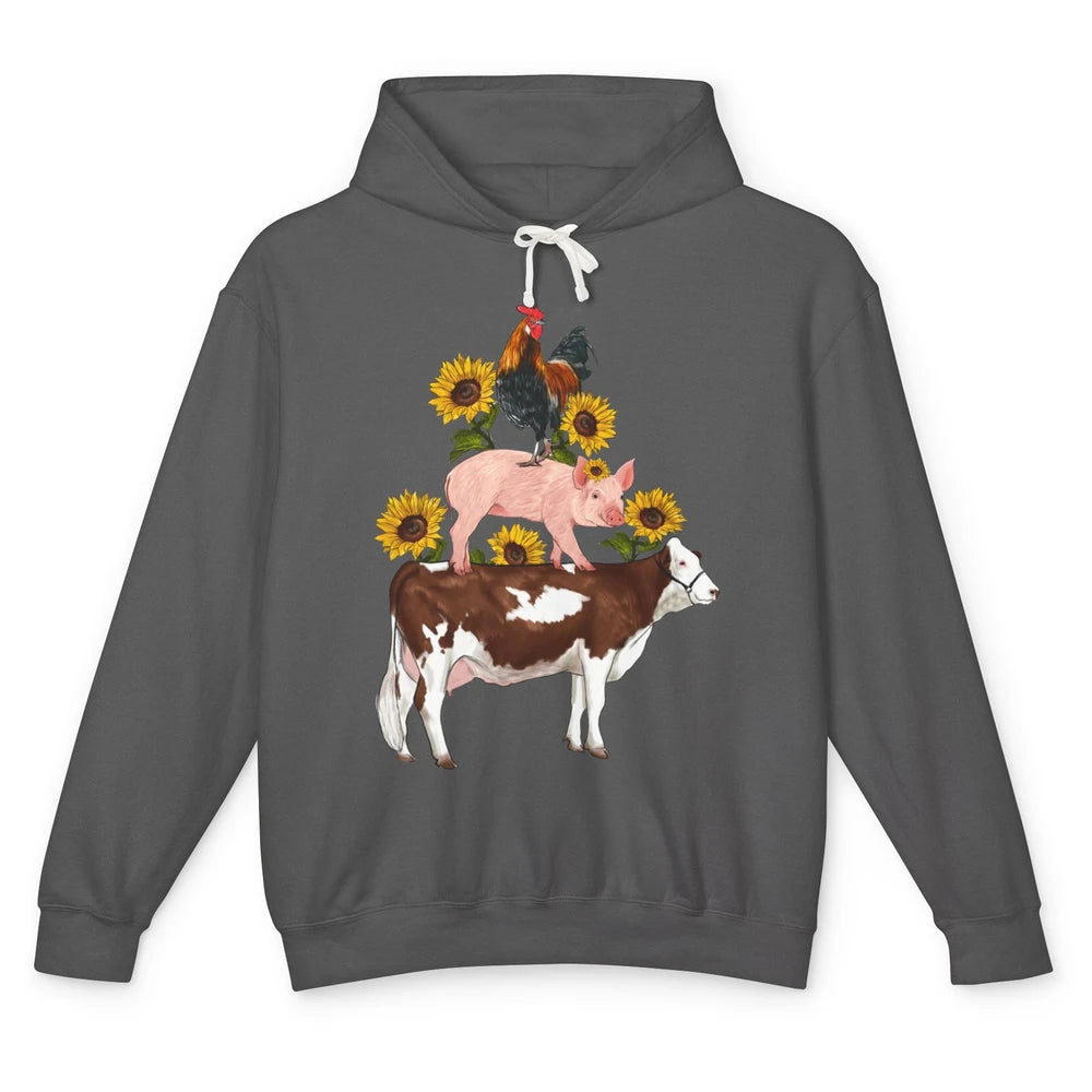 Sunflower Western Farm Life Animals Vegan Cow Pig Rooster Unisex Lightweight Hoodie