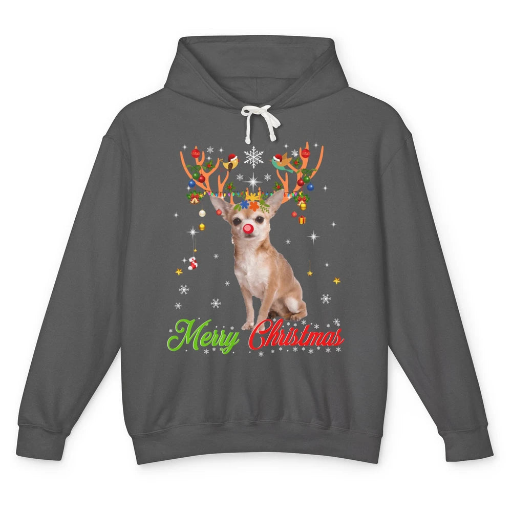 Merry Christmas Chihuahua Dog Santa Hat Xmas Reindeer Lights Unisex Lightweight Hoodie