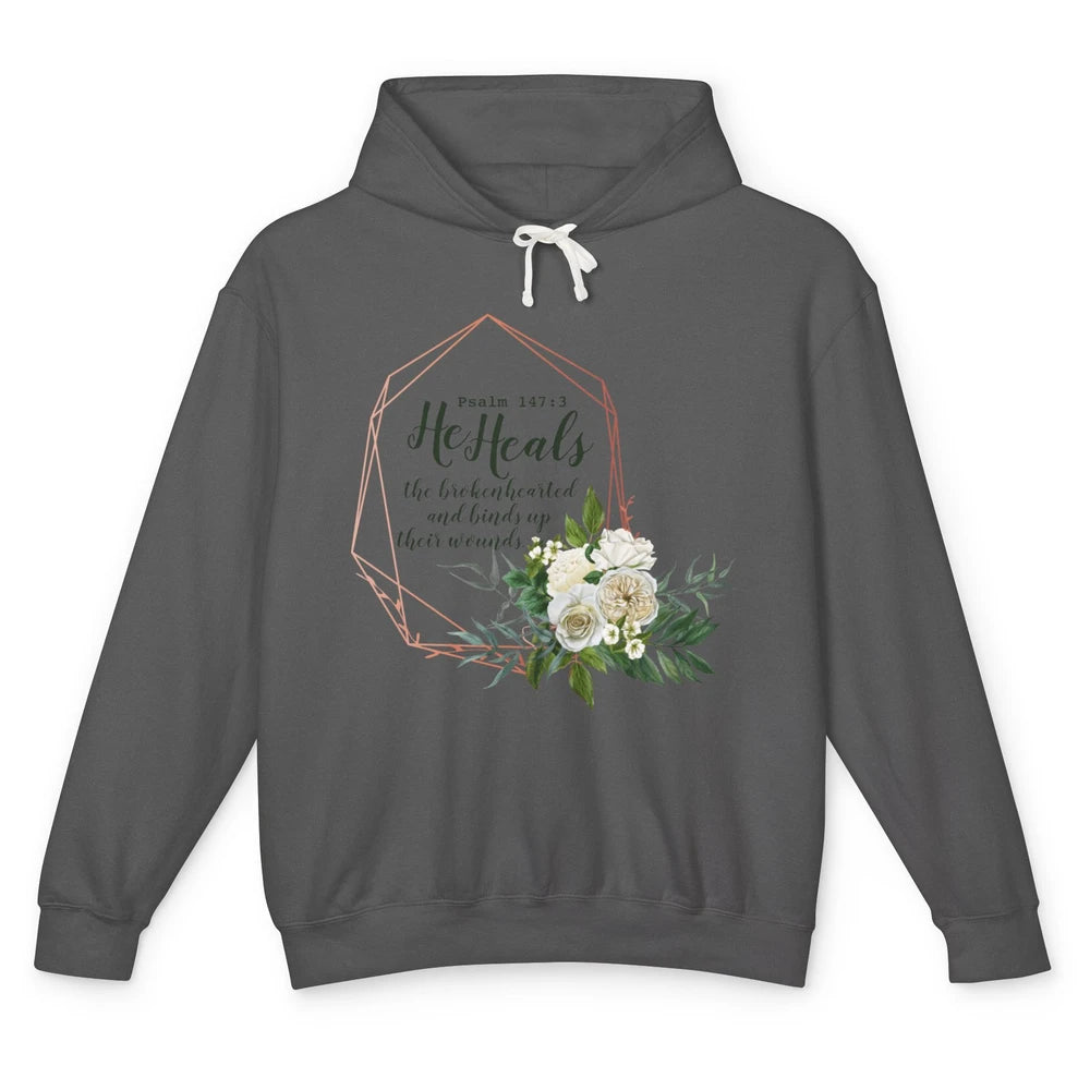 God Heal Brokenhearted Bible Verse Floral Christian Religion Unisex Lightweight Hoodie