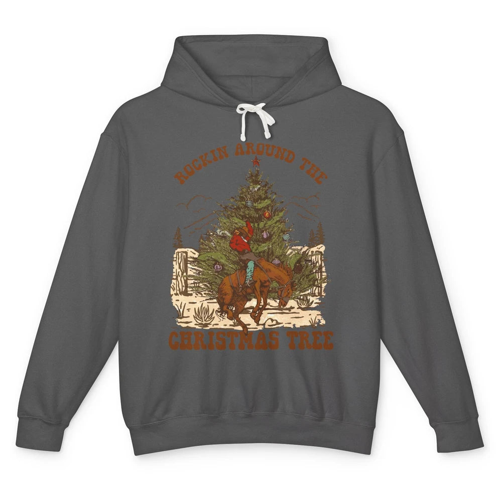 Funny Cowboy Horsing Rocking Around Christmas Tree Western Unisex Lightweight Hoodie