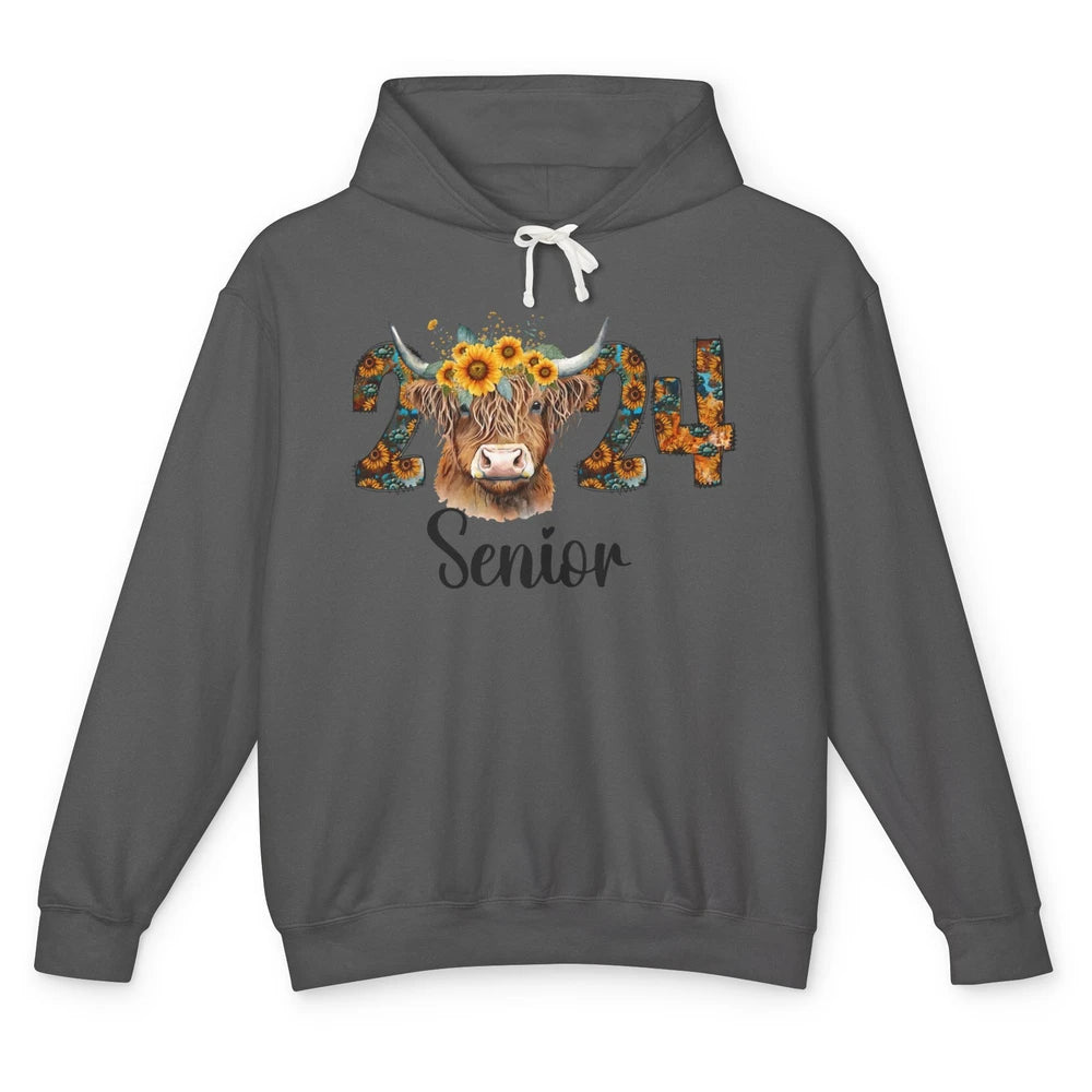 Sunflower Highland Cow Senior 2024 Graduate Bachelor Western Unisex Lightweight Hoodie