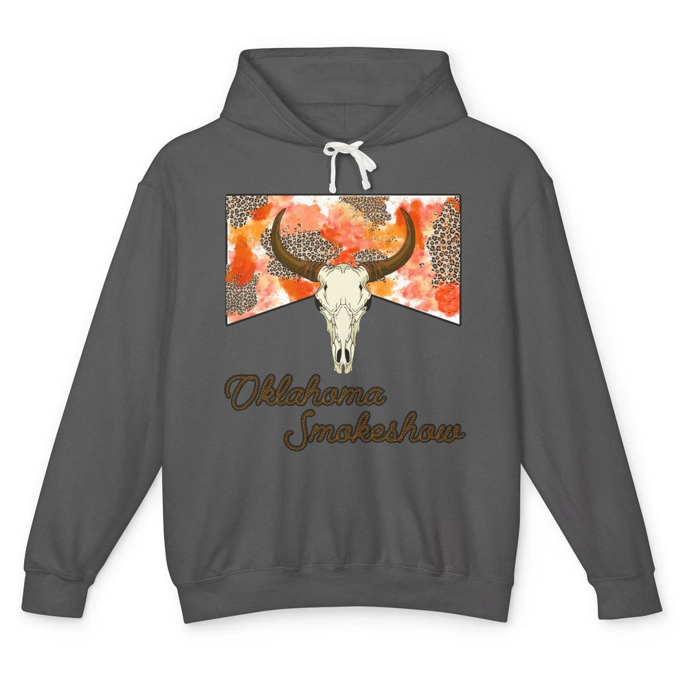 Boho Bull Skull Cow Print Oklahoma Smokeshow Western Country Unisex Lightweight Hoodie