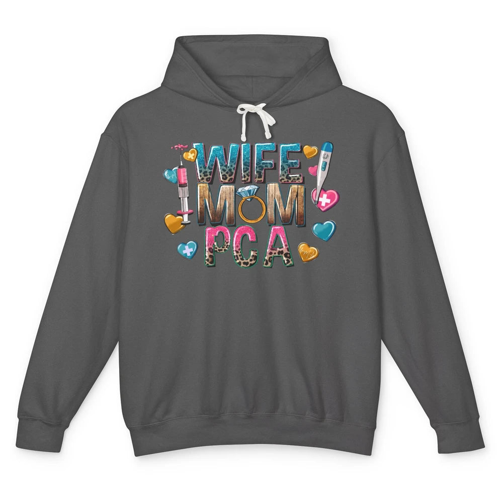 Wife Mom PCA Leopard Heart Western PCA Valentines Day Nurse Unisex Lightweight Hoodie