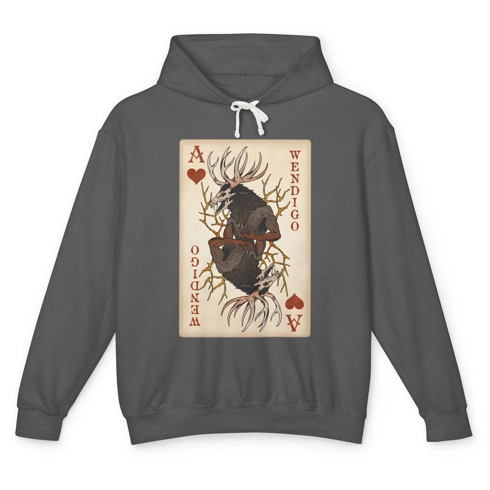 Scary Wendigo Original Cryptid Playing Card Tarot Reader Vintage Halloween Goth Unisex Lightweight Hoodie