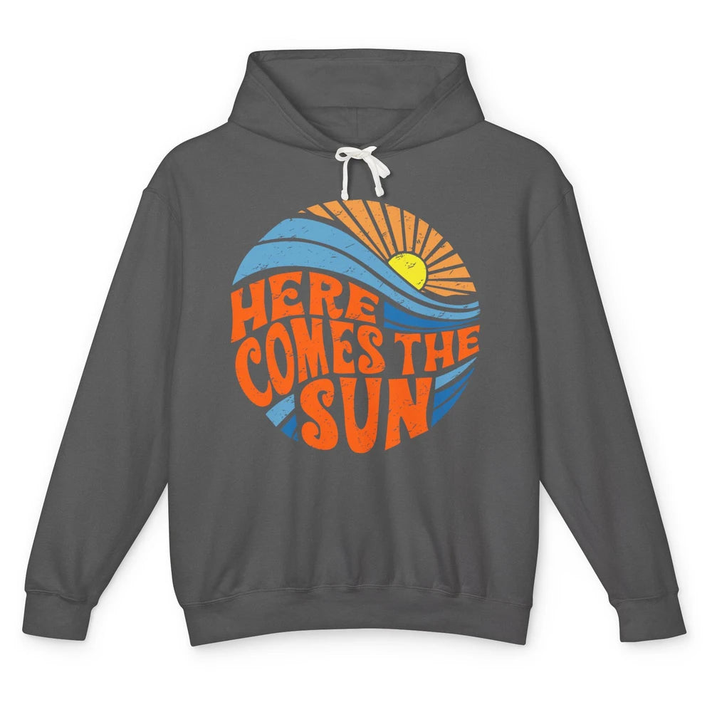 Retro Rainbow Sunrise Here Comes The Sun Hippie Girl Unisex Lightweight Hoodie