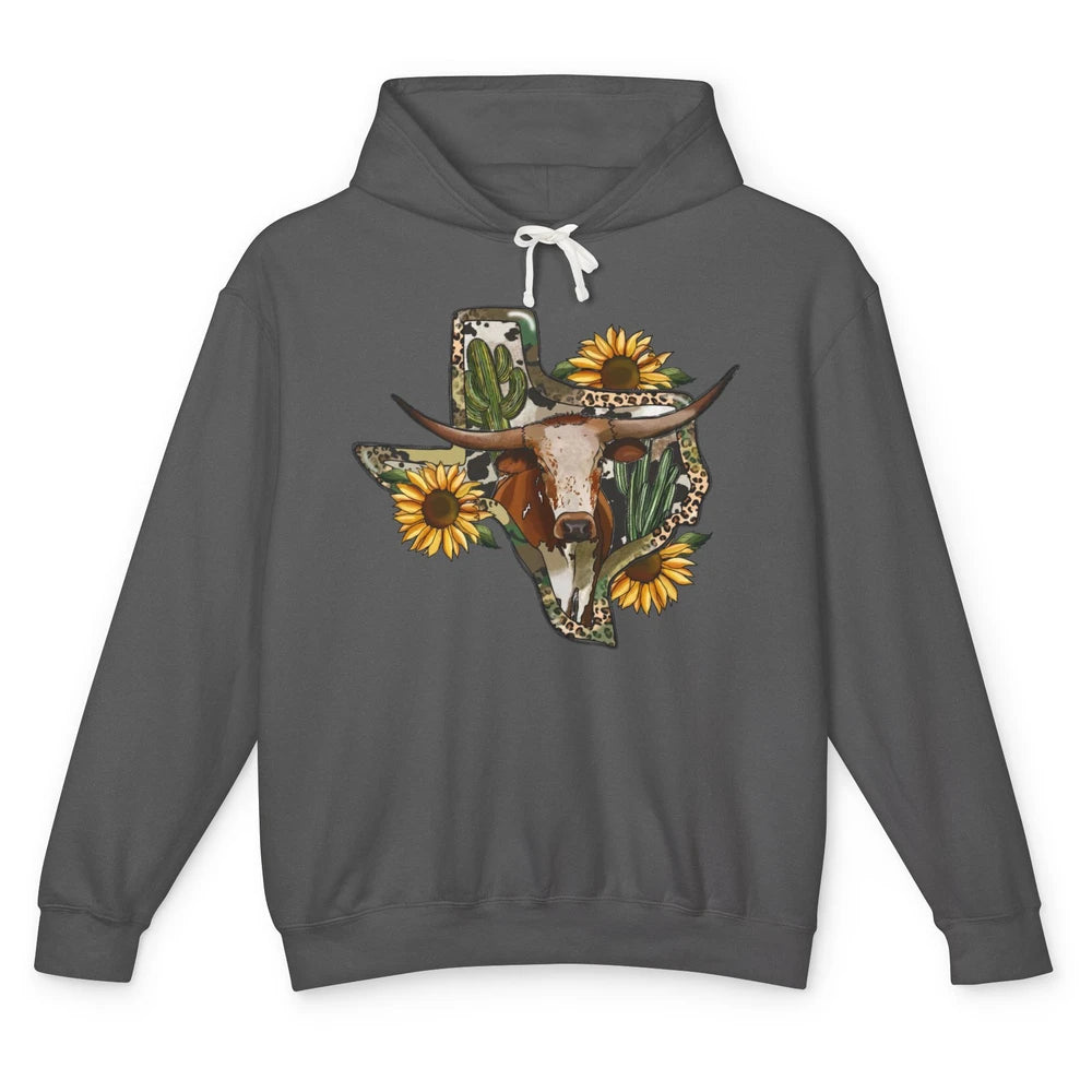 Texas Map Leopard Sunflower Western Texas Cow Longhorn Unisex Lightweight Hoodie