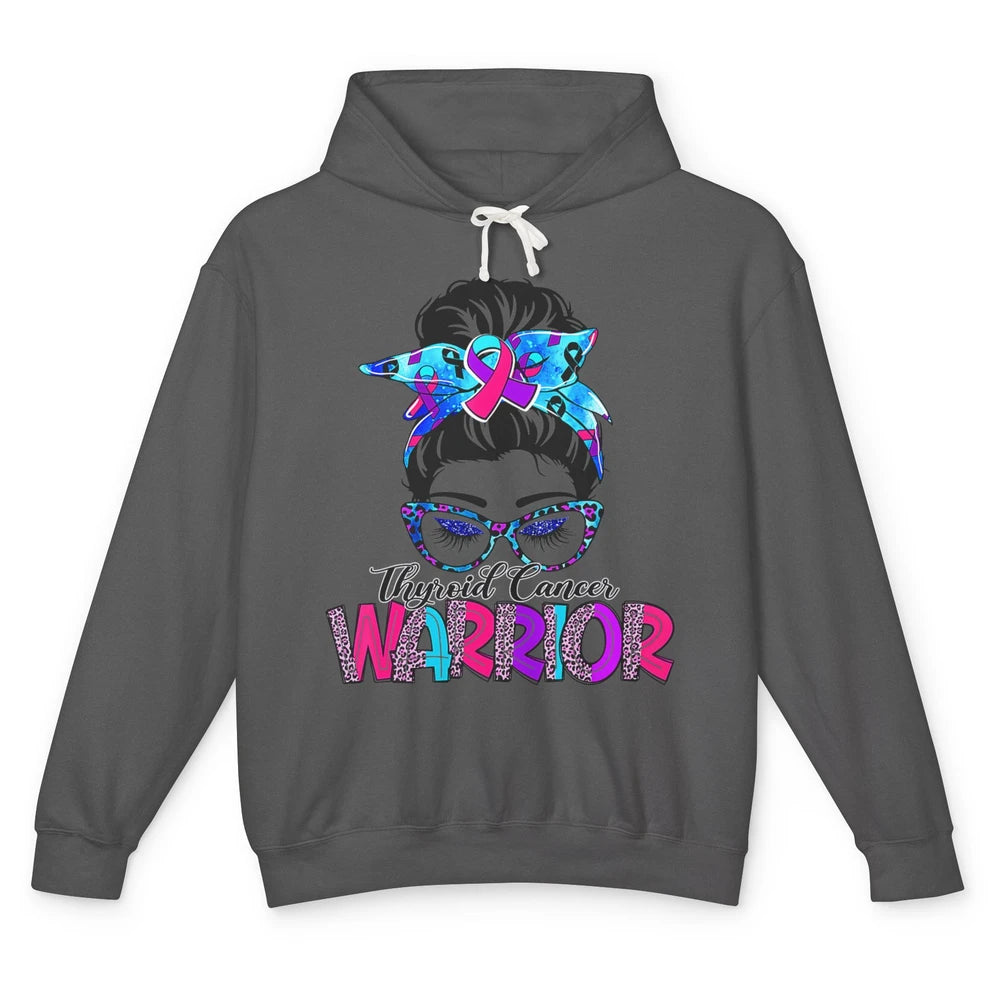 Messy Hair Bun Leopard Warrior Mom Thyroid Cancer Awareness Unisex Lightweight Hoodie