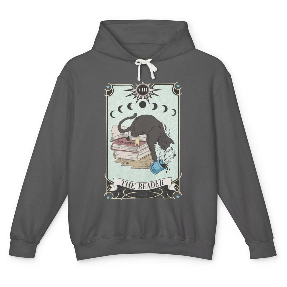 Retro Black Cat Books The Reader Tarot Card Halloween Reading Book Crescent Moon Unisex Lightweight Hoodie