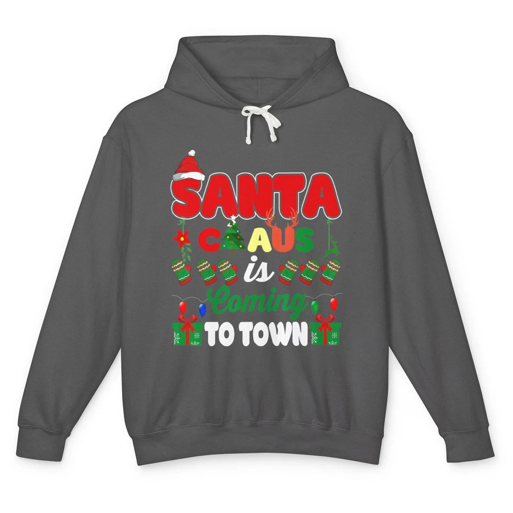 Merry Christmas Santa Claus Coming To Town Retro Xmas Lights Unisex Lightweight Hoodie