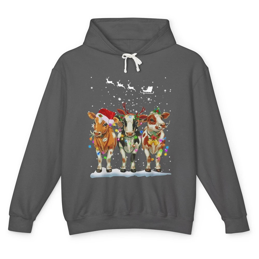 Funny Cow Christmas Lights Ugly Sweater Farm Xmas Gift Unisex Lightweight Hoodie