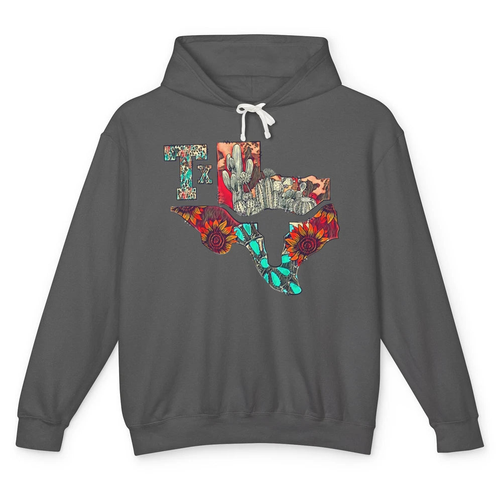 Texas Map Boho Texas State Leopard Western Desert Cactus Unisex Lightweight Hoodie