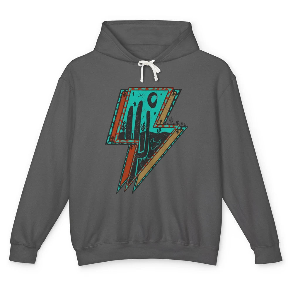 Retro Desert Cactus Night Turquoise Lightning Bolt Western Unisex Lightweight Hoodie