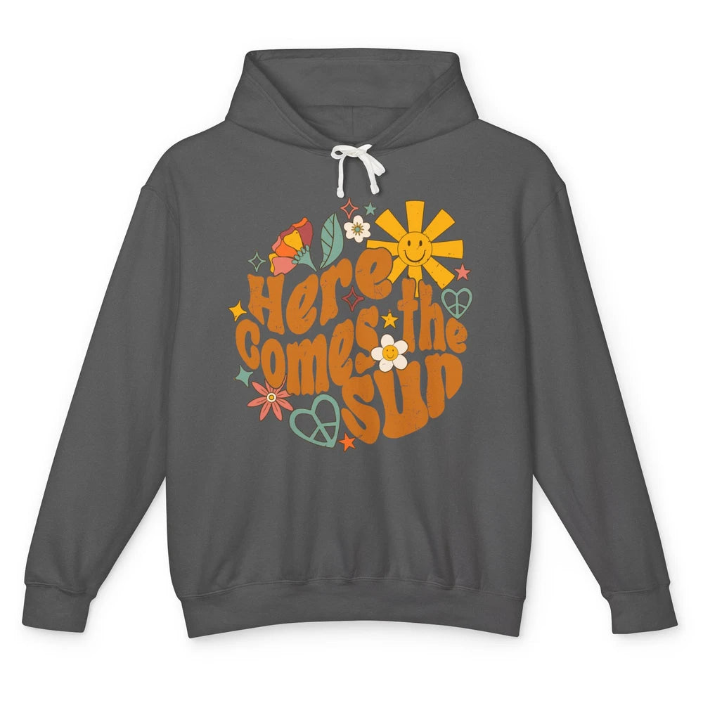 Retro Daisy Rainbow Sunrise Here Comes The Sun Hippie Girl Unisex Lightweight Hoodie