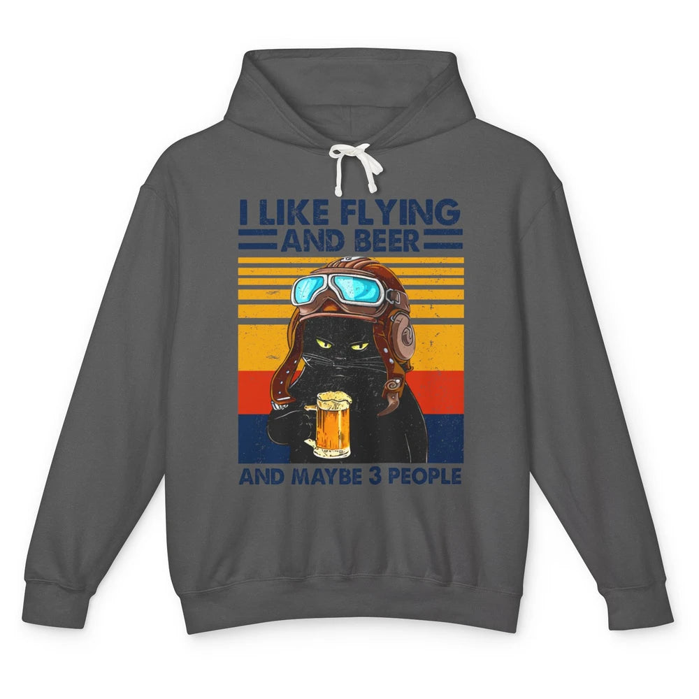 Funny Black Cat Skydiving I Like Flying Beer Maybe 3 People Unisex Lightweight Hoodie