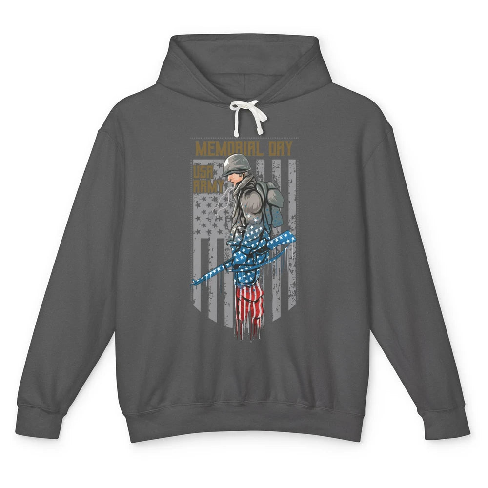 US Army Veteran With Gun American Flag US Pride Memorial Day Unisex Lightweight Hoodie