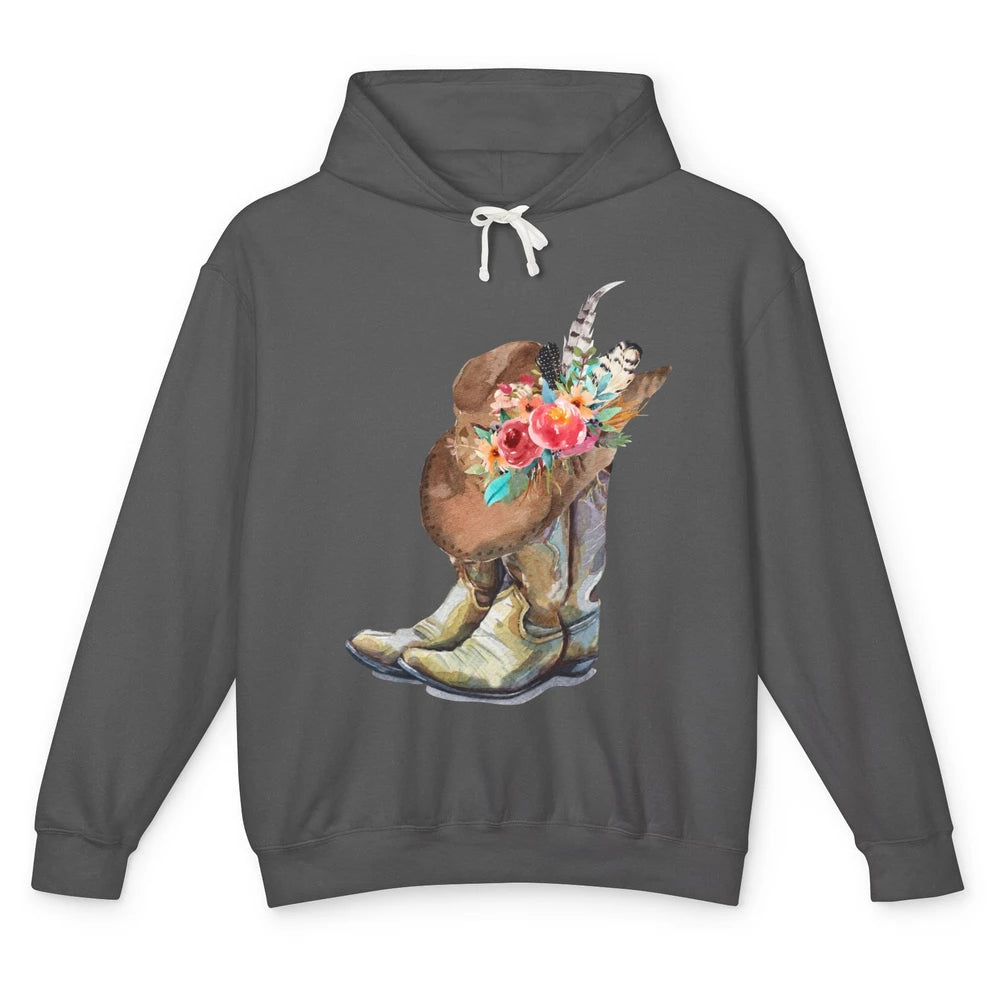 Country Cowgirl Boots Boho Flower Feather Hat Western Rodeo Unisex Lightweight Hoodie