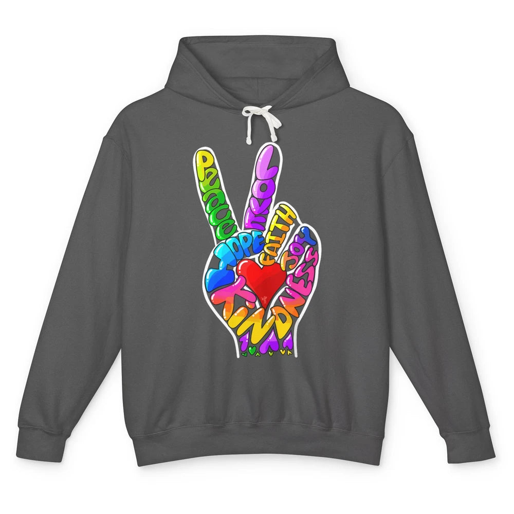 Peace Love Hope Joy Faith Kindness Word Christian Religious Unisex Lightweight Hoodie