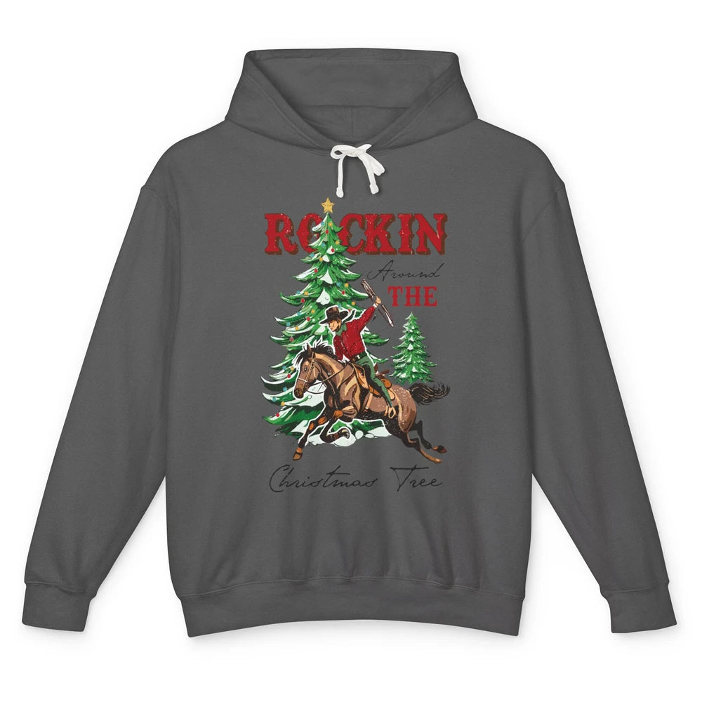 Retro Horsing Cowboy Rocking Around Christmas Tree Western Unisex Lightweight Hoodie