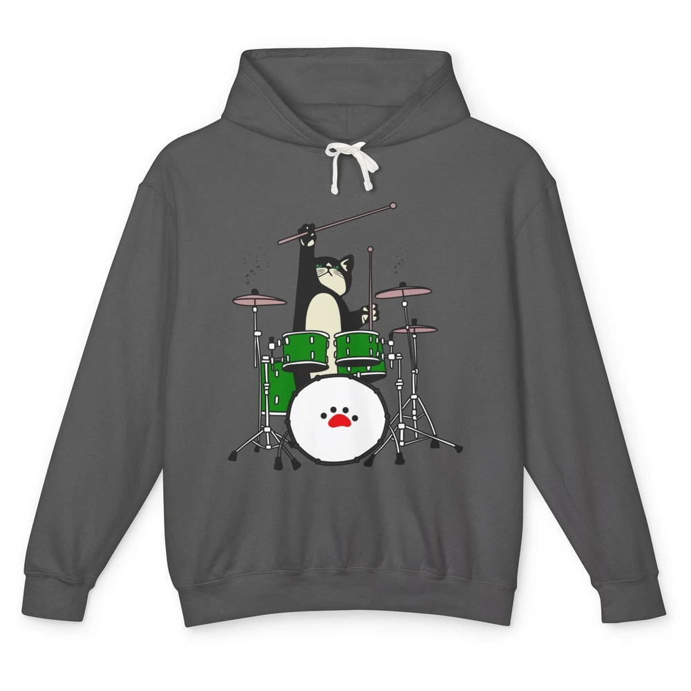 Funny Black Cat Playing Drum Drummer Kitten Musician Song Unisex Lightweight Hoodie