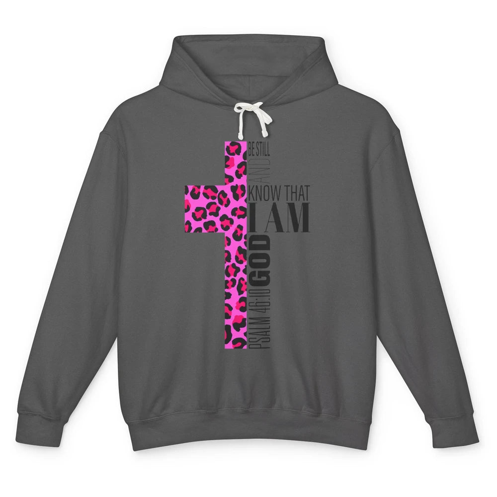 Religious Cute Be Still Bible Christian Pink Cheetah Cross Unisex Lightweight Hoodie