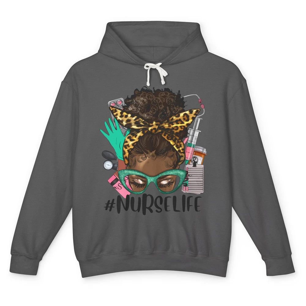 Afro Nurse Messy Bun Hair Black Melanin Nurse Life Leopard Unisex Lightweight Hoodie