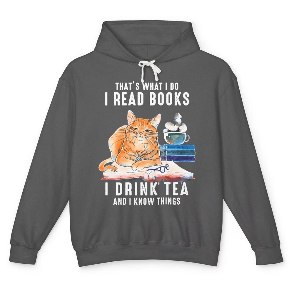 Funny That What I Do I Read Books Drink Tea And I Know Things Sarcastic Orange Cat Book Reader Kitten Bookworm Unisex Lightweight Hoodie