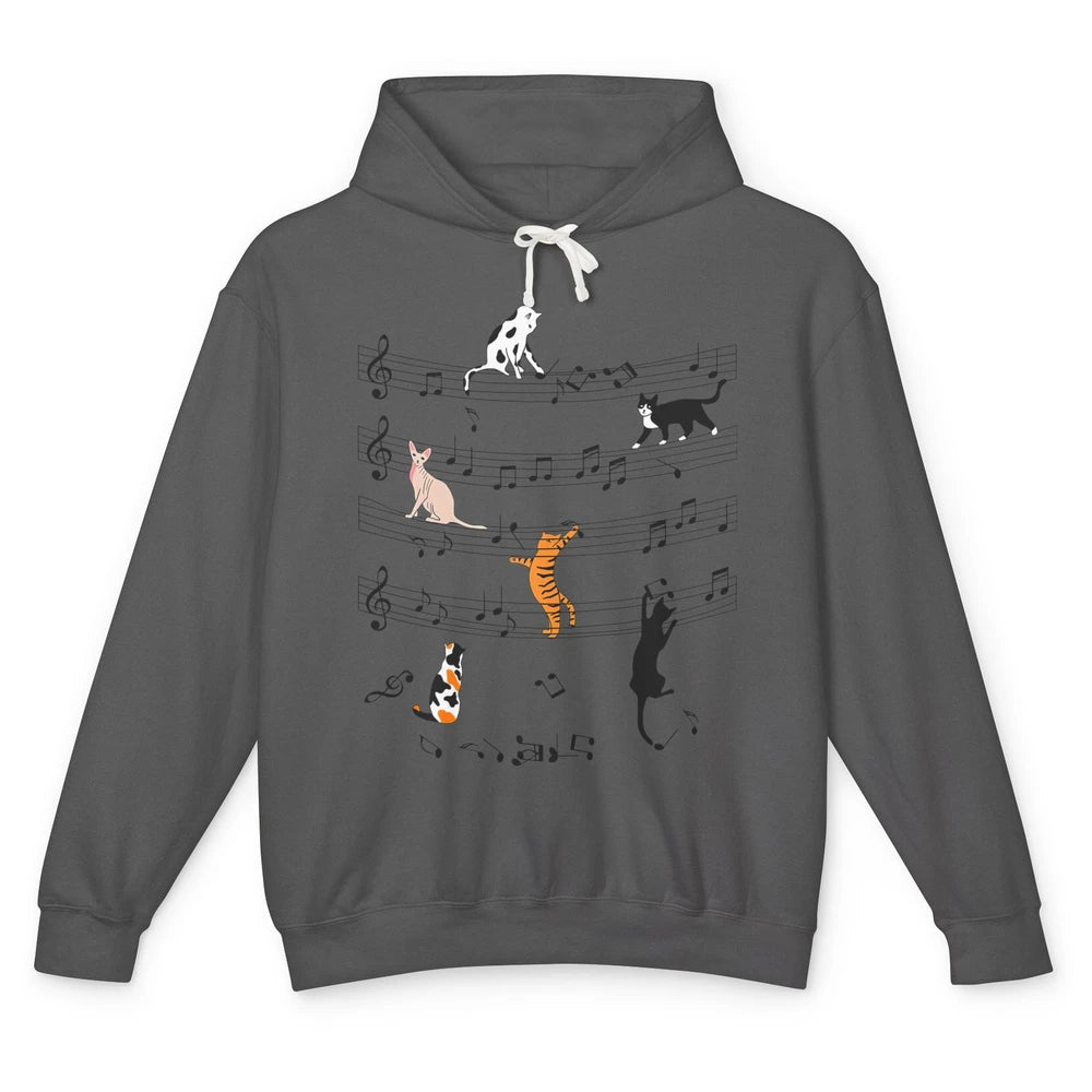 Cat On Music Sheets Cute Music Notes Funny Cat Musician Unisex Lightweight Hoodie