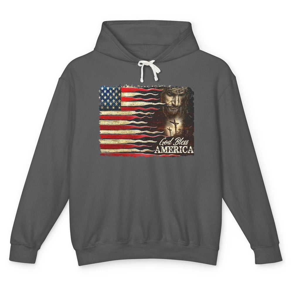 Retro US Flag Jesus Cross God Bless America Patriot July 4th Unisex Lightweight Hoodie