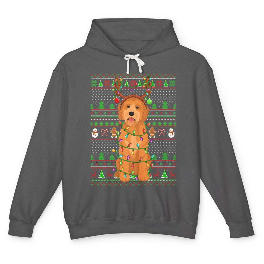 Merry Christmas Golden Doodle Dog Reindeer Xmas Lights Ugly Unisex Lightweight Hoodie