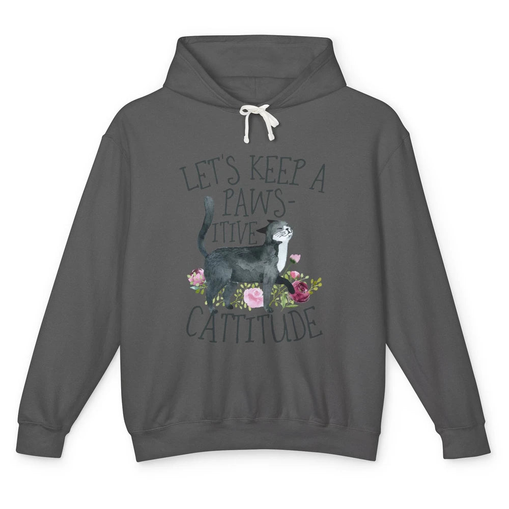 Watercolor Black Cat Lets Keep Pawsitive Cattitude Positive Unisex Lightweight Hoodie