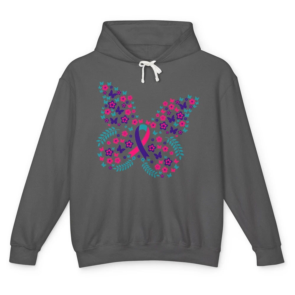 Floral Butterfly Teal Pink Warrior Thyroid Cancer Awareness Unisex Lightweight Hoodie