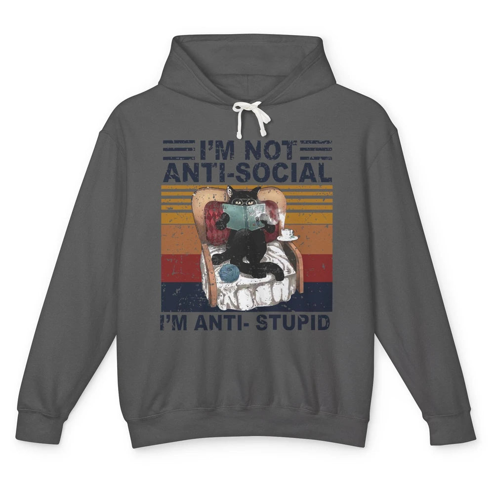 Retro Cat Reading I'm Not Anti-Social I'm Anti-Stupid Book Unisex Lightweight Hoodie