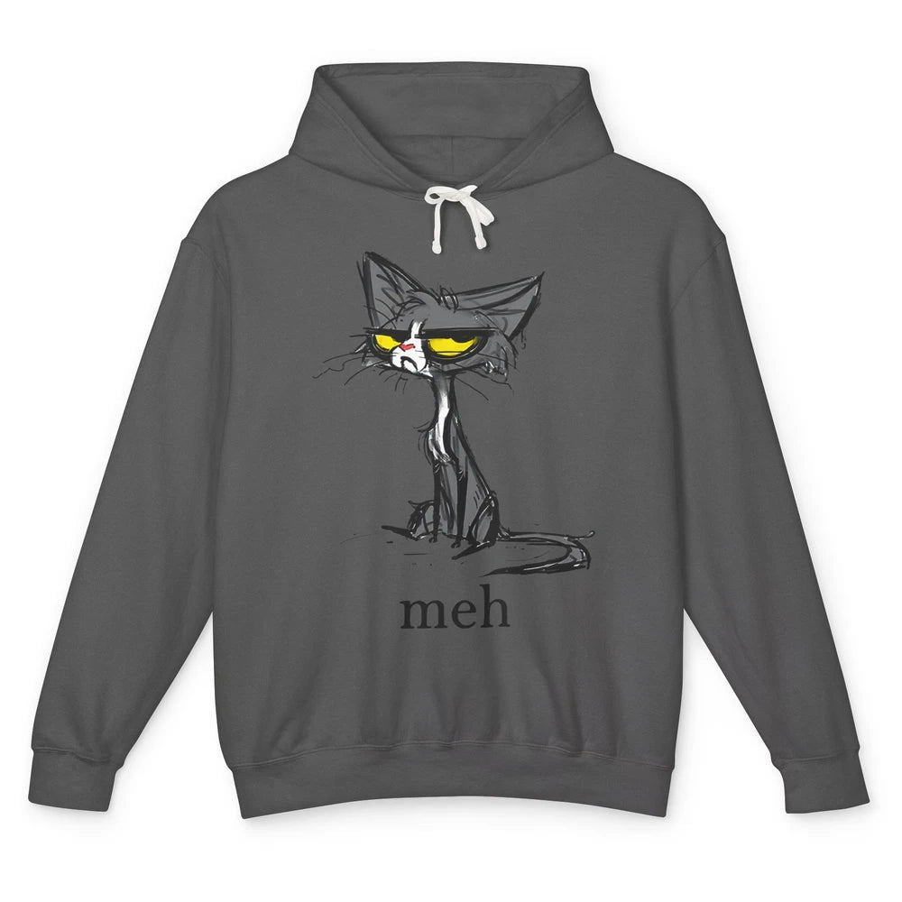 Funny Meh Grumpy Black Cat Sarcastic Kitten Angry Cat Mom Unisex Lightweight Hoodie