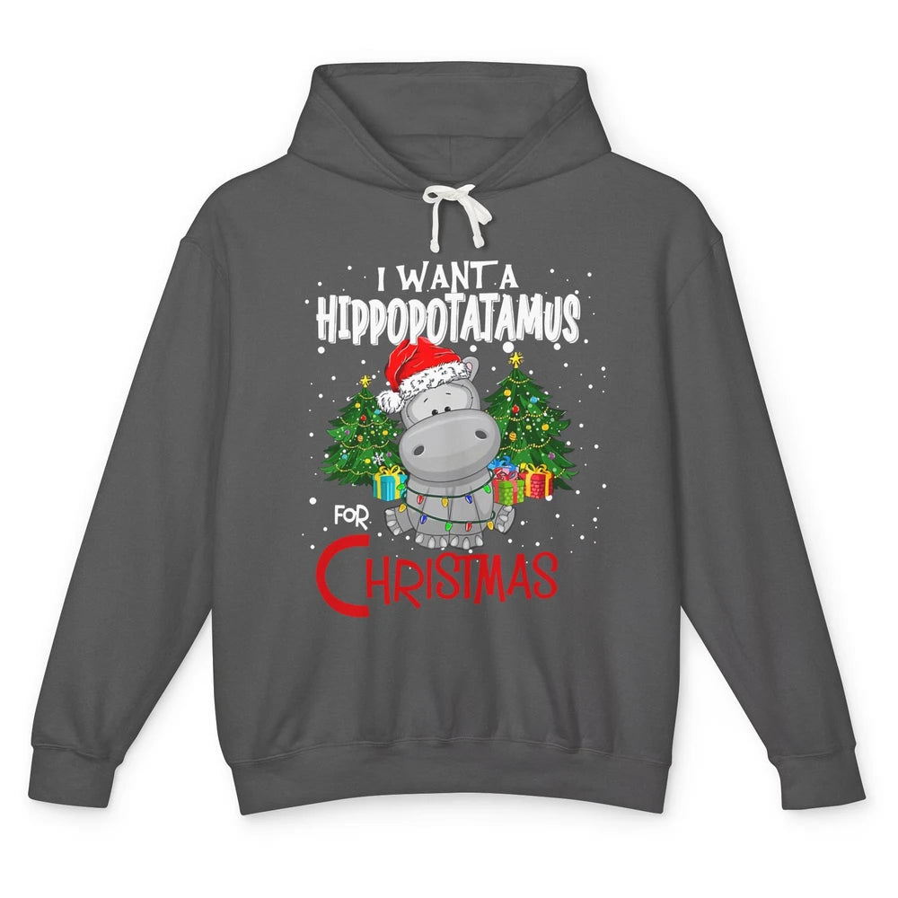 Funny I Want A Hippopotamus For Christmas Tree Hippo Santa Unisex Lightweight Hoodie