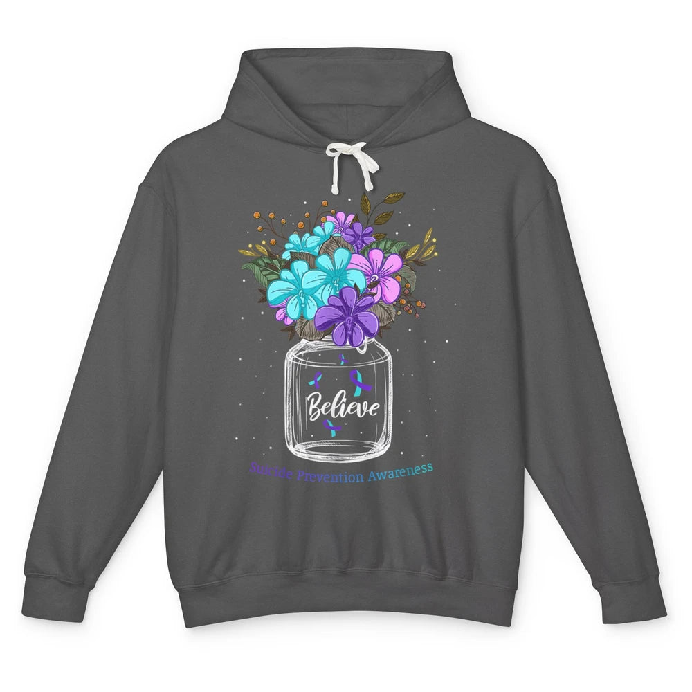 Cute Believe Flower Ribbon Support Suicide Prevention Month Unisex Lightweight Hoodie