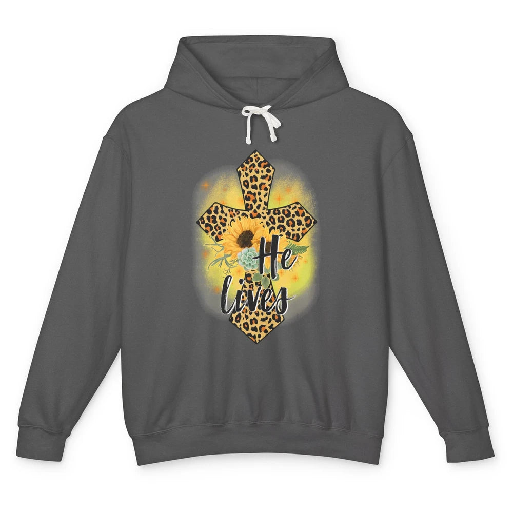 He Lives Sunflowers Faith Cross Christian Bible Religious Unisex Lightweight Hoodie