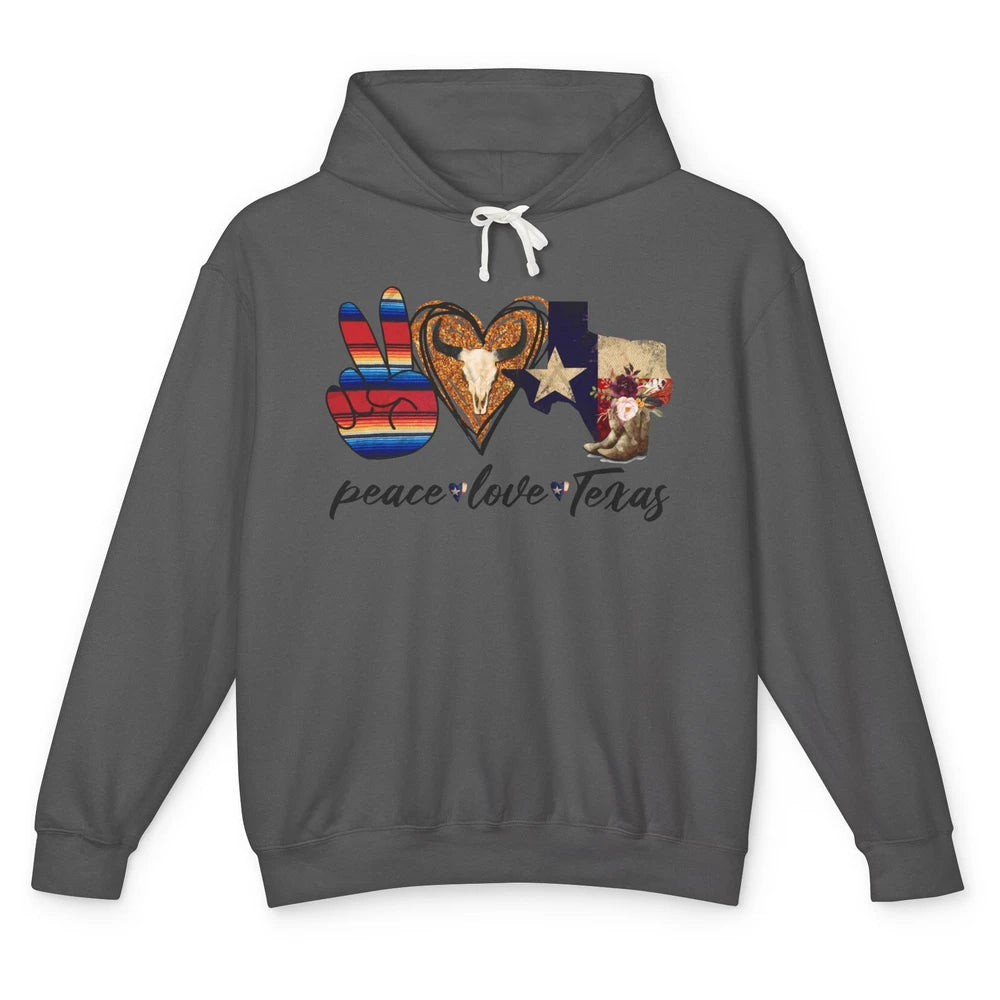 Retro Peace Love Texas Cowboy Boots Western Country Cowgirl Unisex Lightweight Hoodie