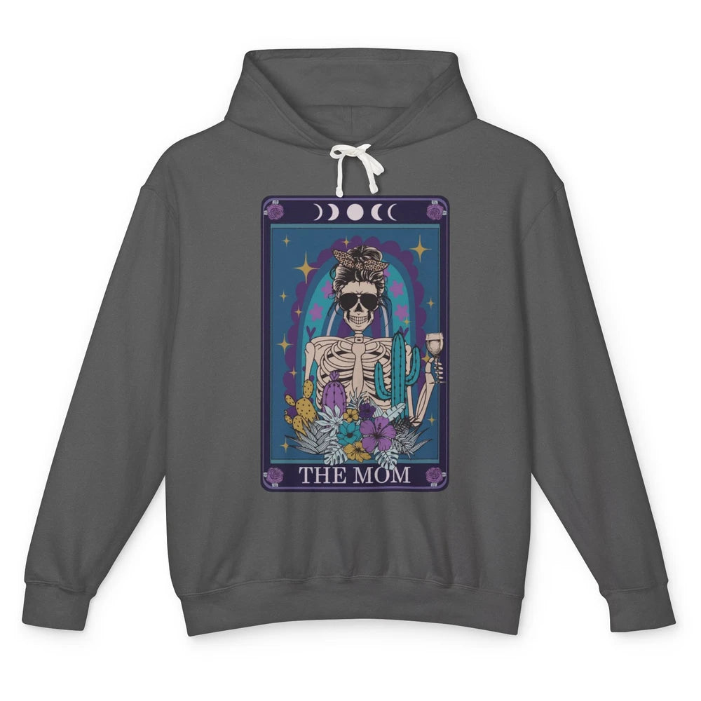 Skeleton Skull Messy Bun Mom Tarot Card The Mom Halloween Unisex Lightweight Hoodie