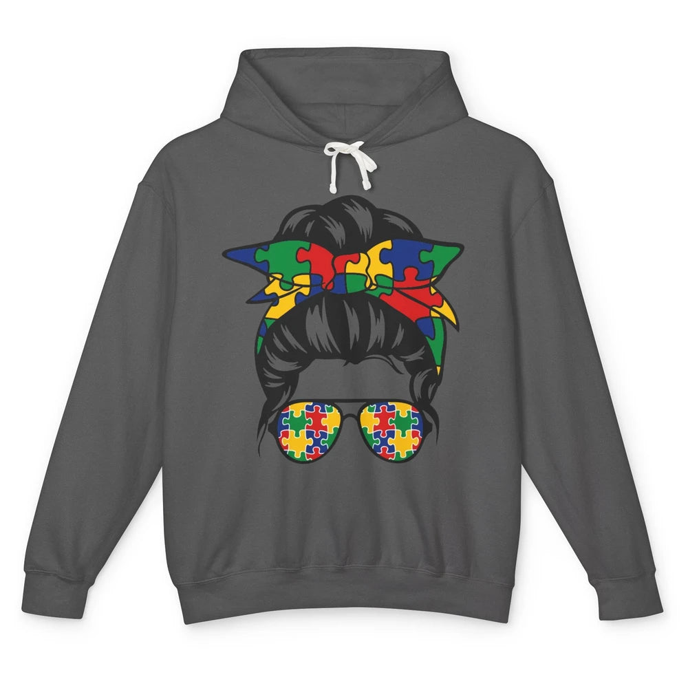 Autism Mom With Bandana Puzzle Autism Ribbon Support Autism Unisex Lightweight Hoodie