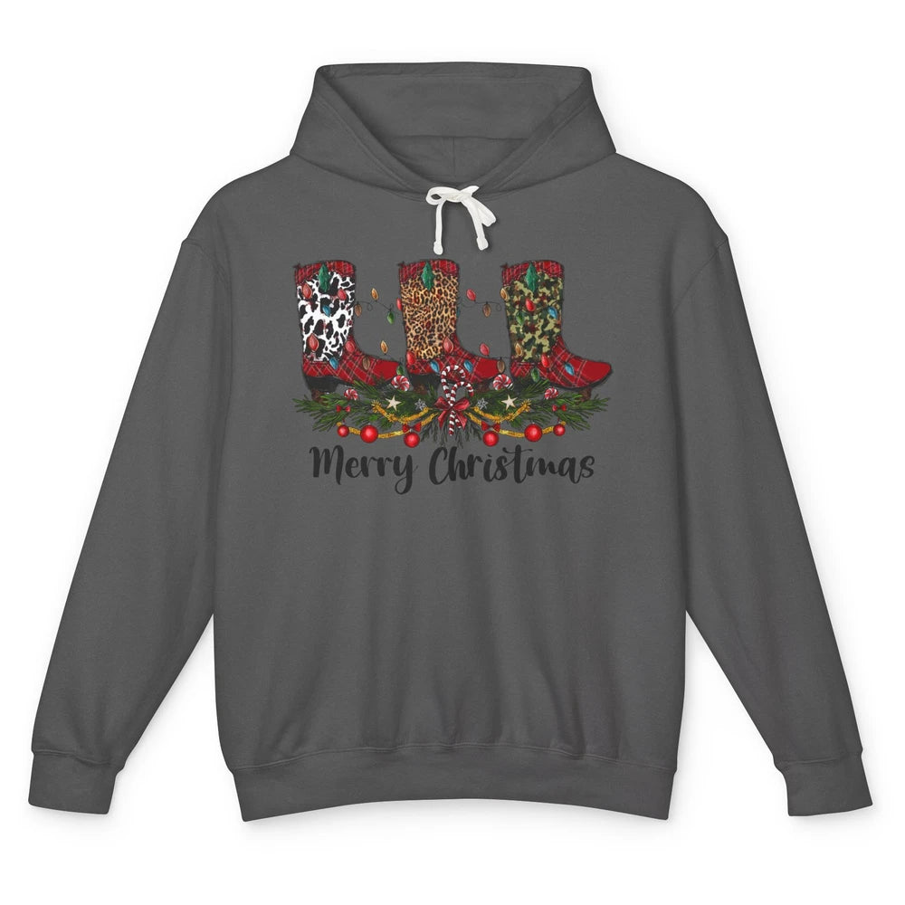 Christmas Cowboy Boots Santa Boots Leopard Western Christmas Unisex Lightweight Hoodie