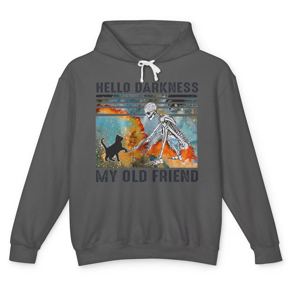 Black Cat And Skeleton Hello Darkness My Old Friend Cat Love Unisex Lightweight Hoodie