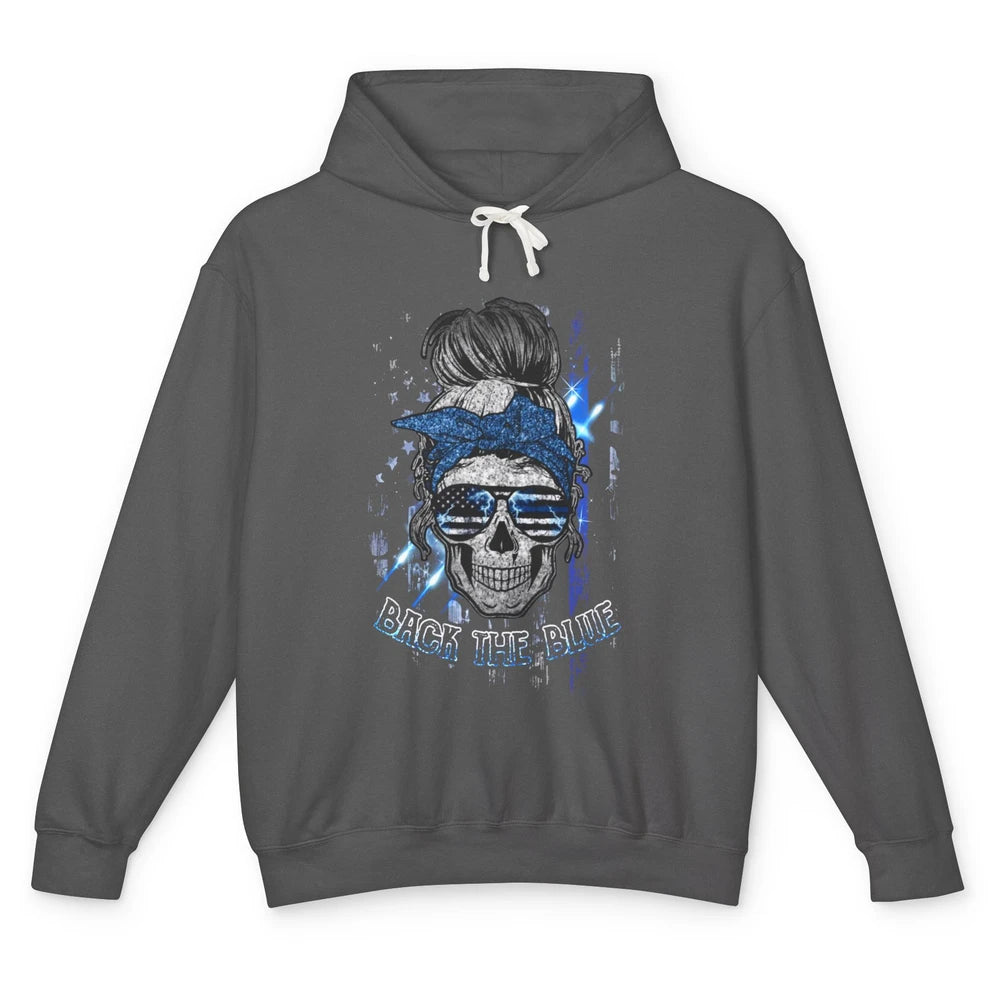 Back The Blue Police American Flag Skull Lady 4th of July Unisex Lightweight Hoodie