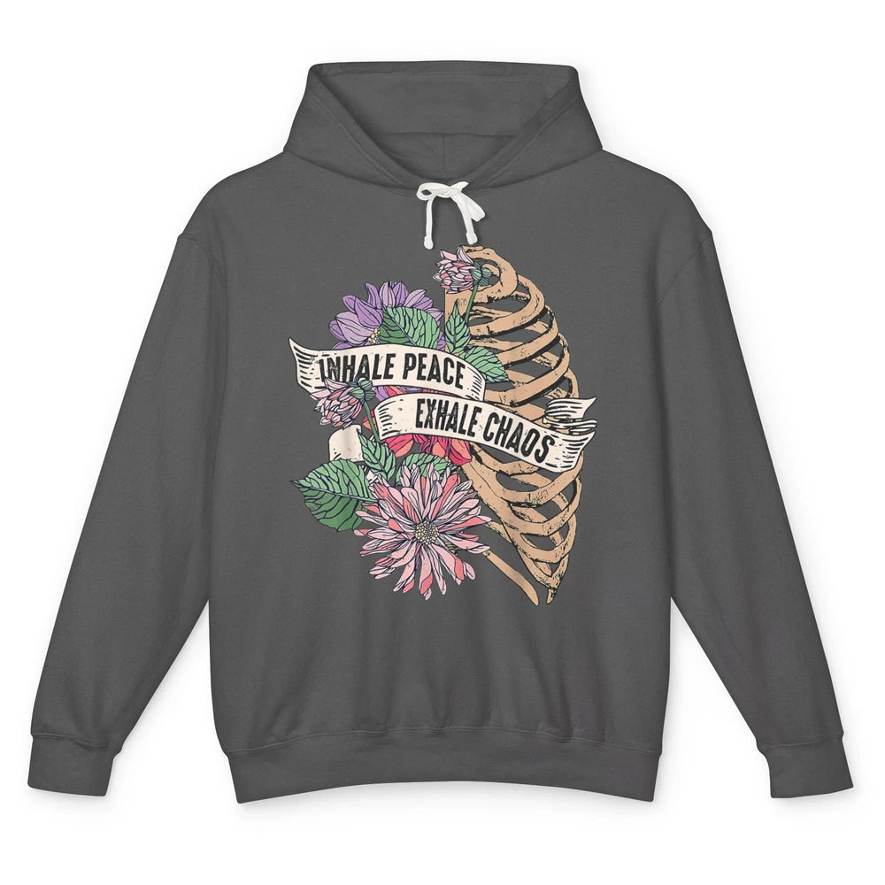 Inhale Peace Exhale Chaos Wildflowers Skeleton Mental Health Unisex Lightweight Hoodie