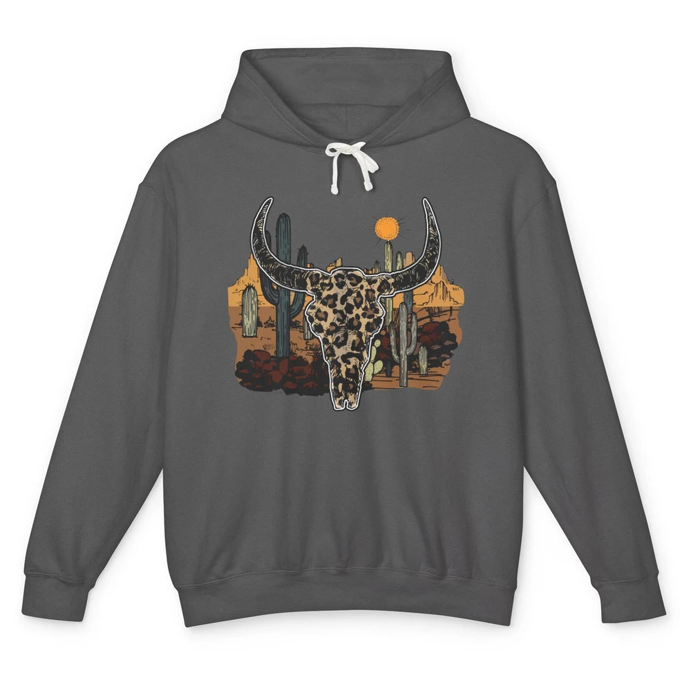 Leopard Bull Skull Desert Sunset Cactus Western Country Girl Unisex Lightweight Hoodie